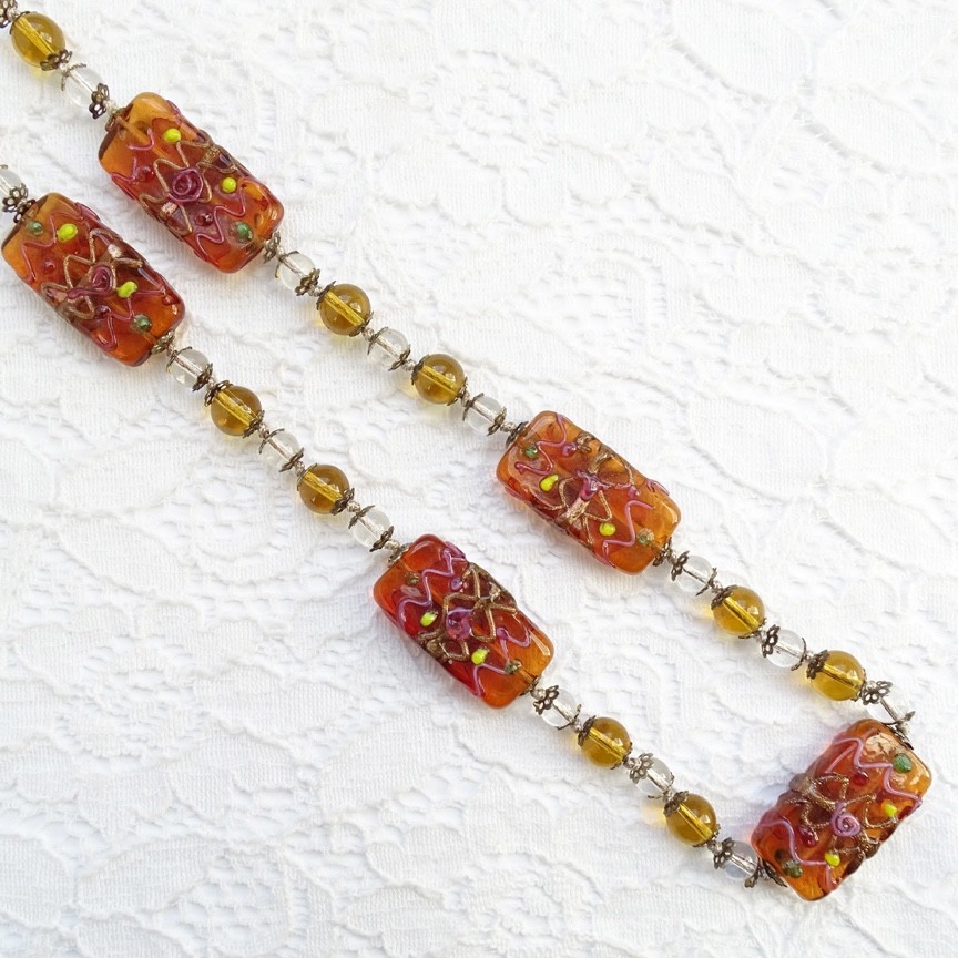 Vintage 1940s Venetian Wedding Cake Art Glass Bead Necklace Topaz Amber 25in