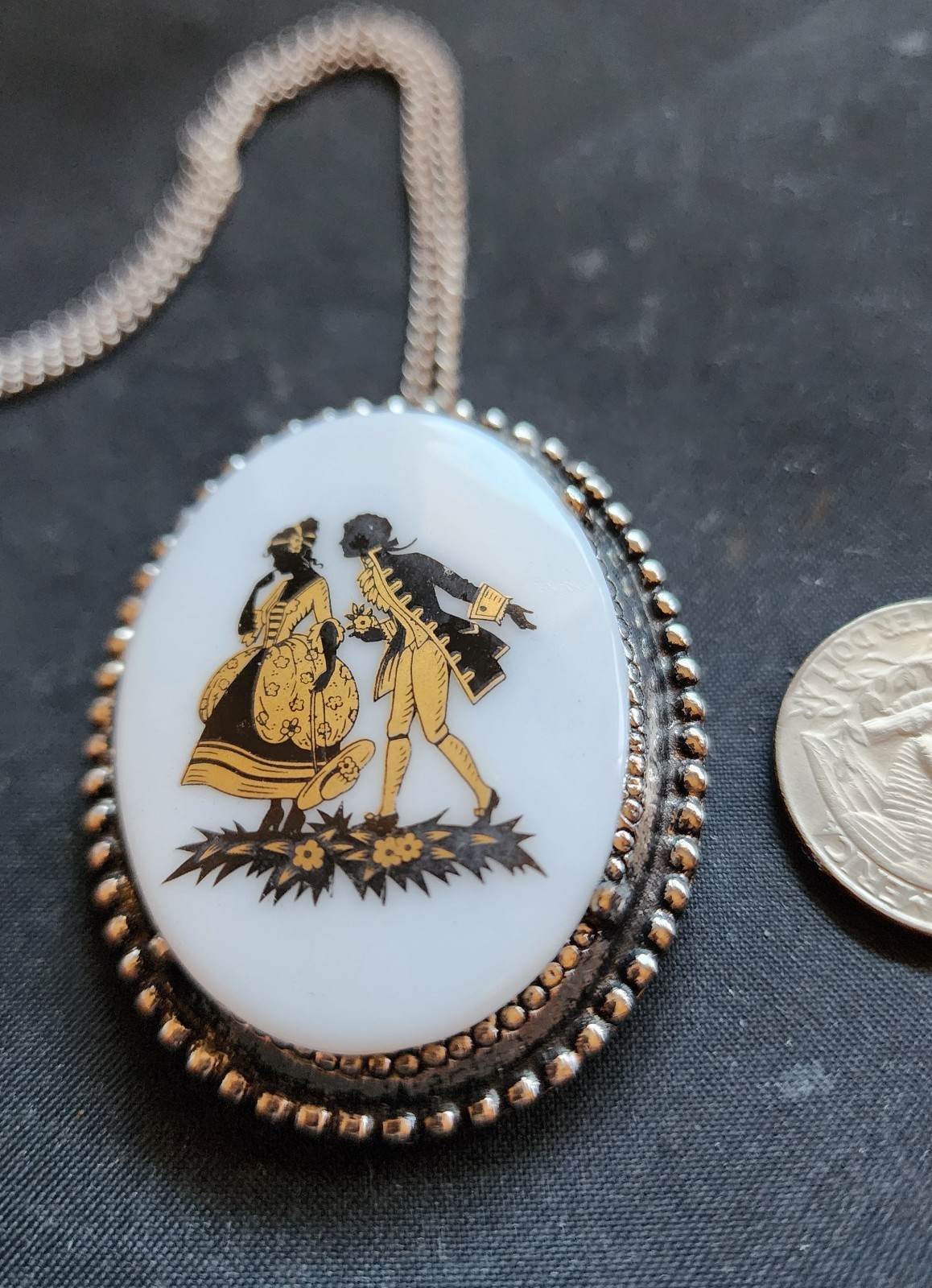 Vintage Victorian Lovers Shy Cute Courting Scene Cameo Pendant Necklace NOS