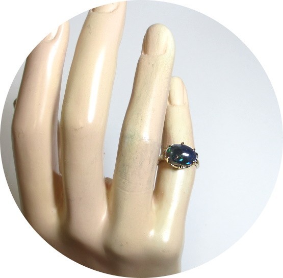 Lovely – Solid Black OPAL Ring – Vintage, 14k Yellow Gold Prong Setting – Mtg…