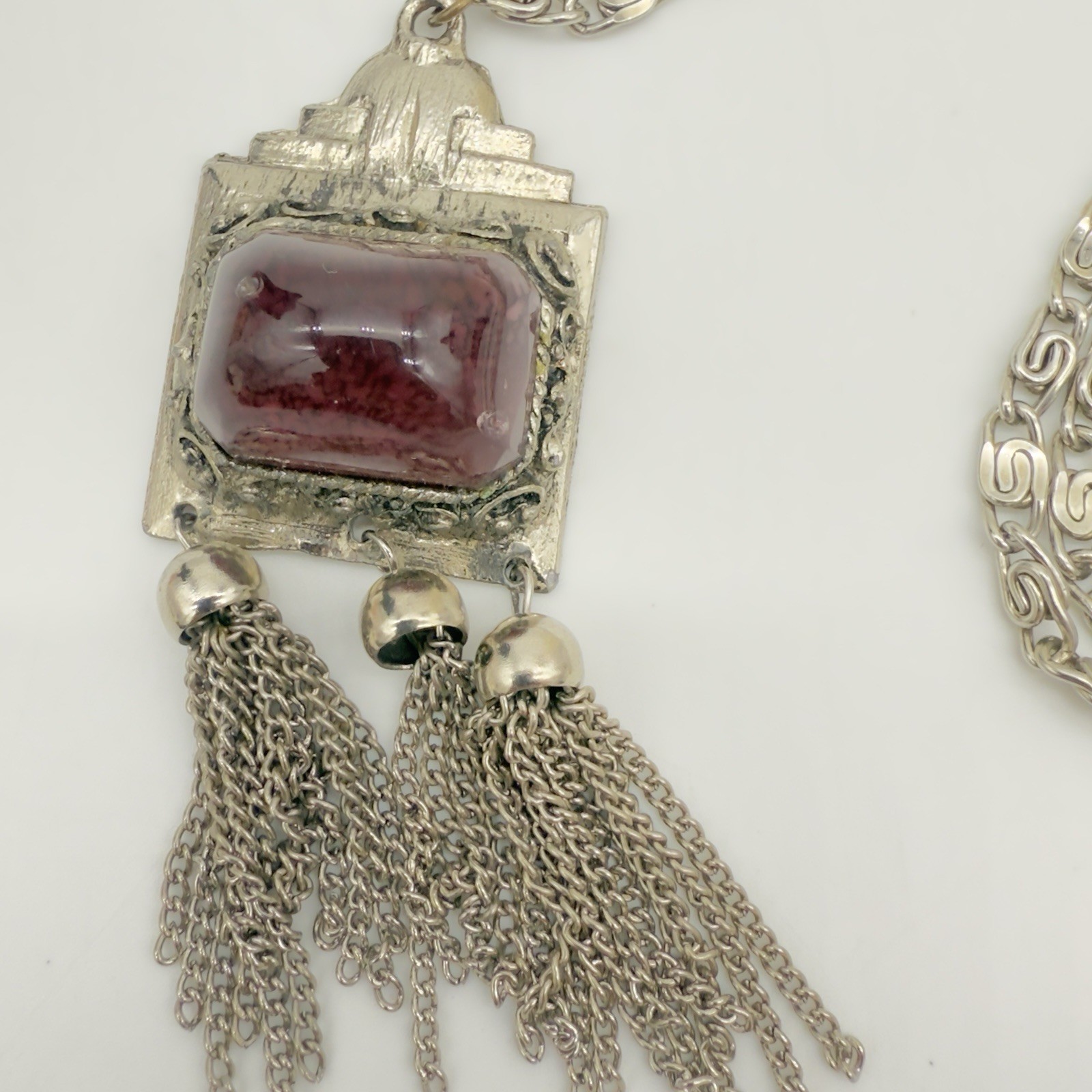 Vintage EDLEE Poured Glass Necklace Amethyst Gropoix Style Tassel Etruscan