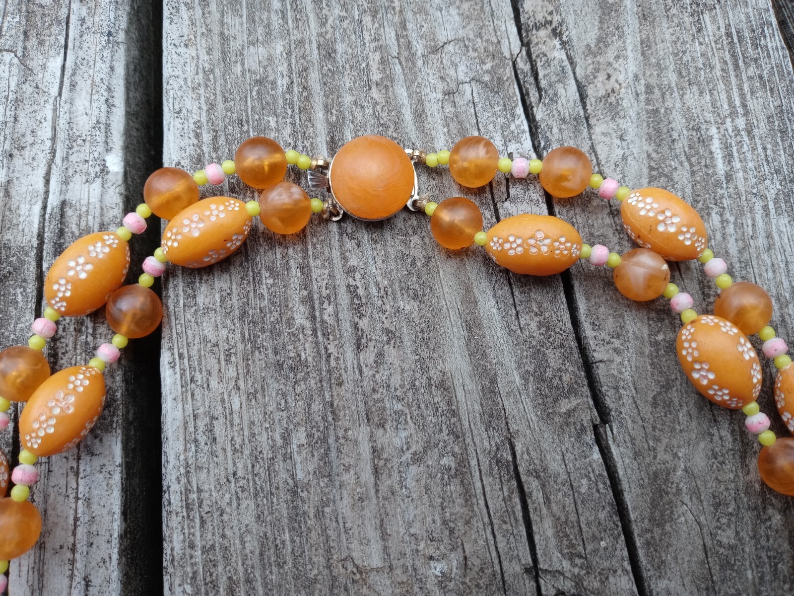 VTG 1960’s Costume Necklace 2 Strand Floral Beaded Metal Safety Latch Hong Kong