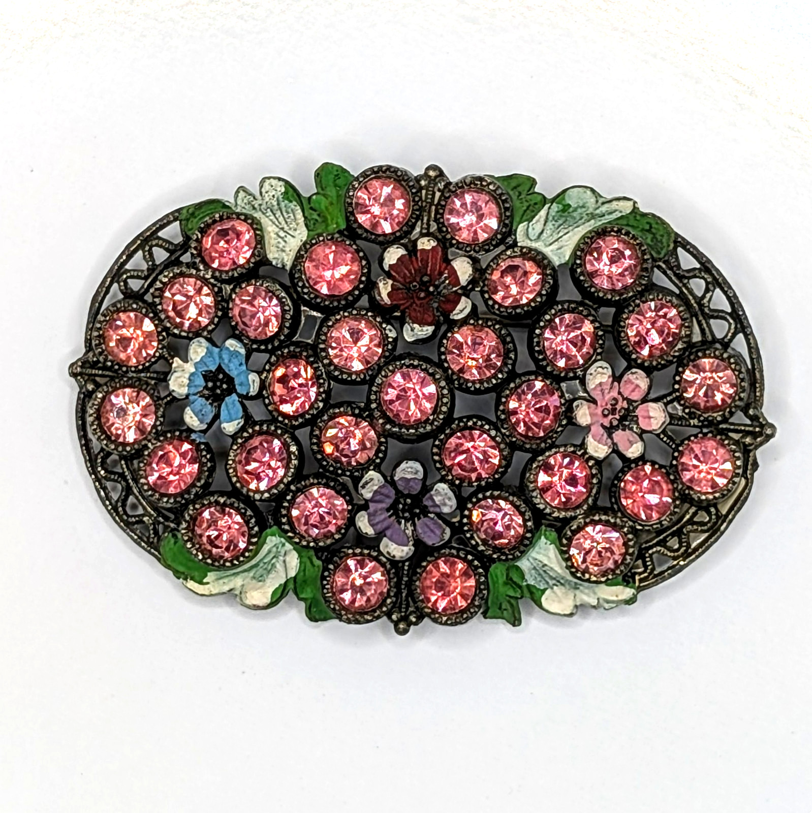 Vintage 1930s Floral Rhinestones Enamel Little Nemo Silver Tone Brooch