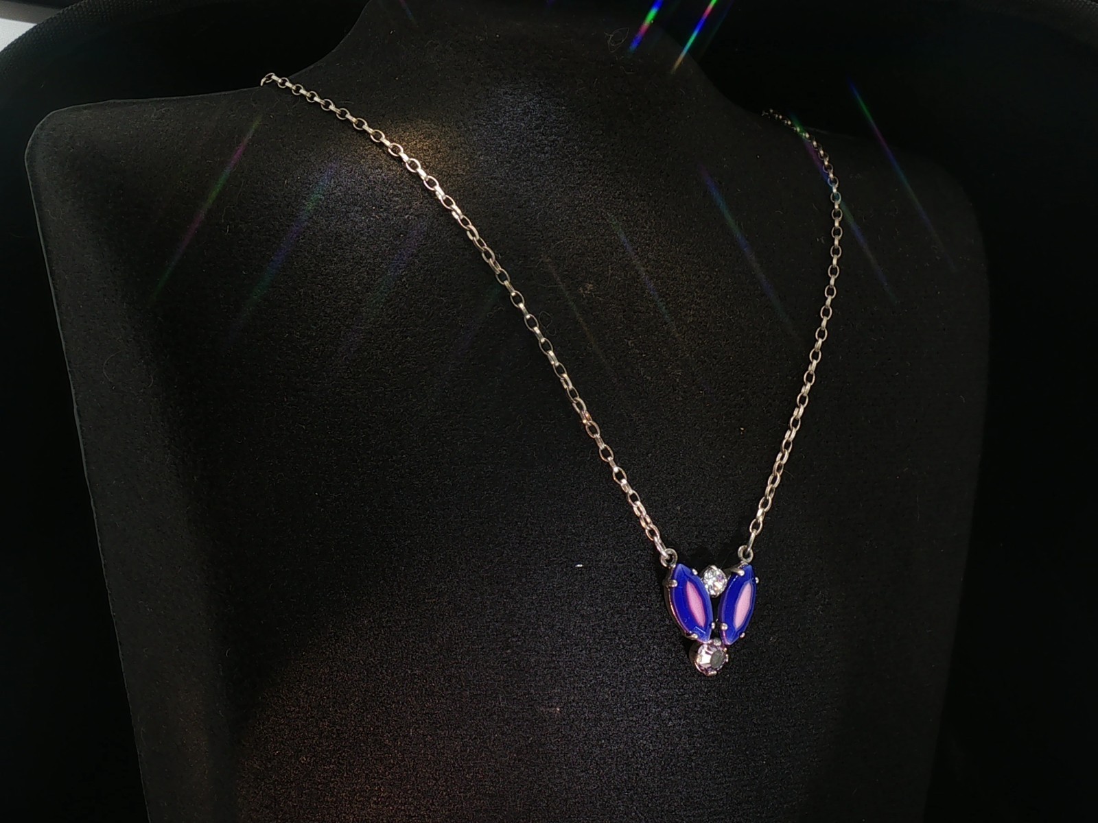 Vintage Sabika Necklace – Purple & Pink Crystal Pendant, Signed Statement Chain