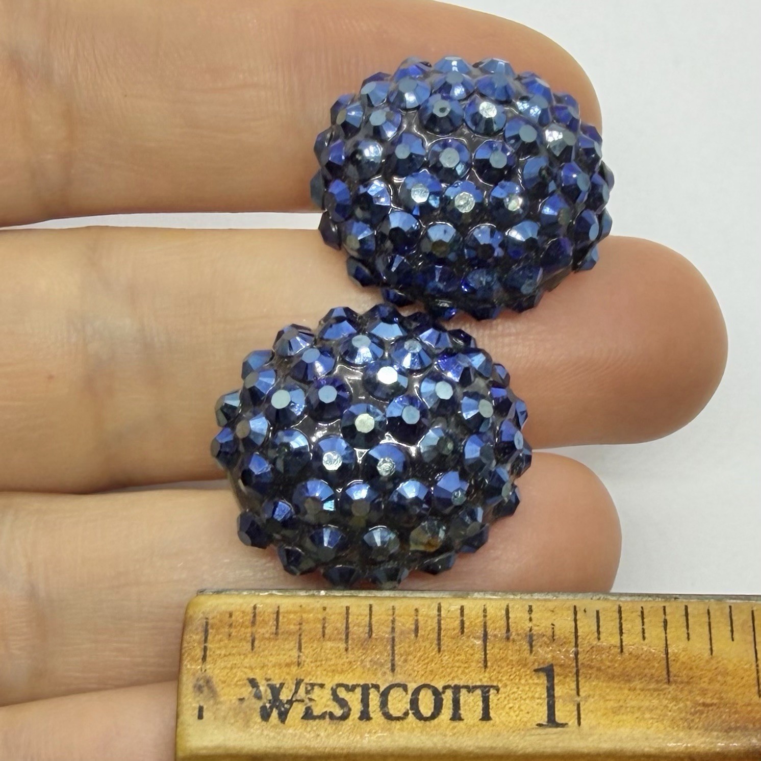 Vtg Blue Rhinestone Encrusted Dome AB Huggie Earrings Clip-on