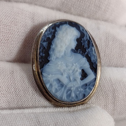 Cameo Sterling Silver 925 Italy Azure Agate Pendant Brooch 1121 NA Rare Hair