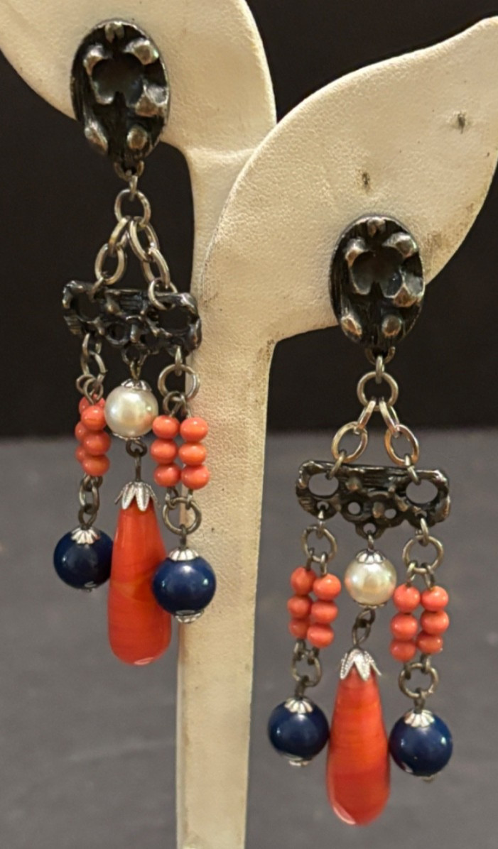 Vintage Boho EARRINGS Coral Lapis Faux Pearl 4″ Dangling Estate Screw Backs