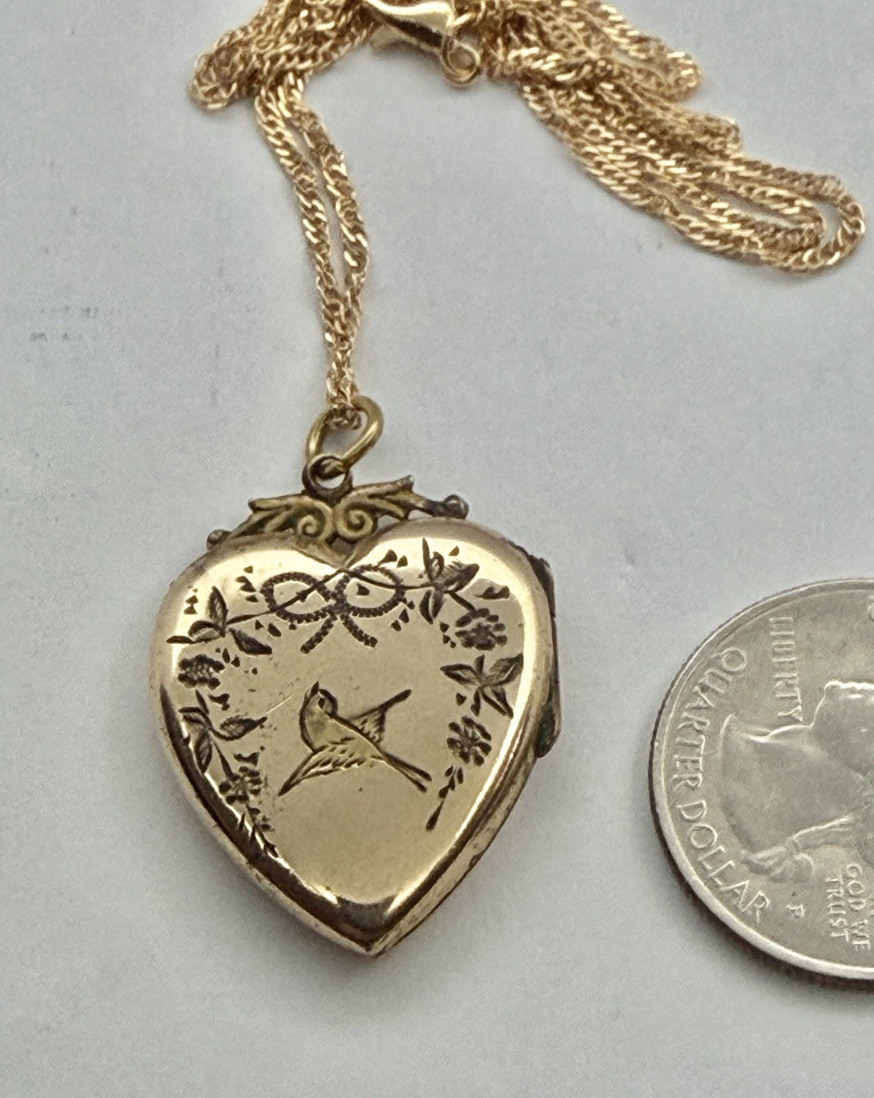 Victorian Aesthetic Movement Bird & Flower Vines Double Sided RG Locket Necklace