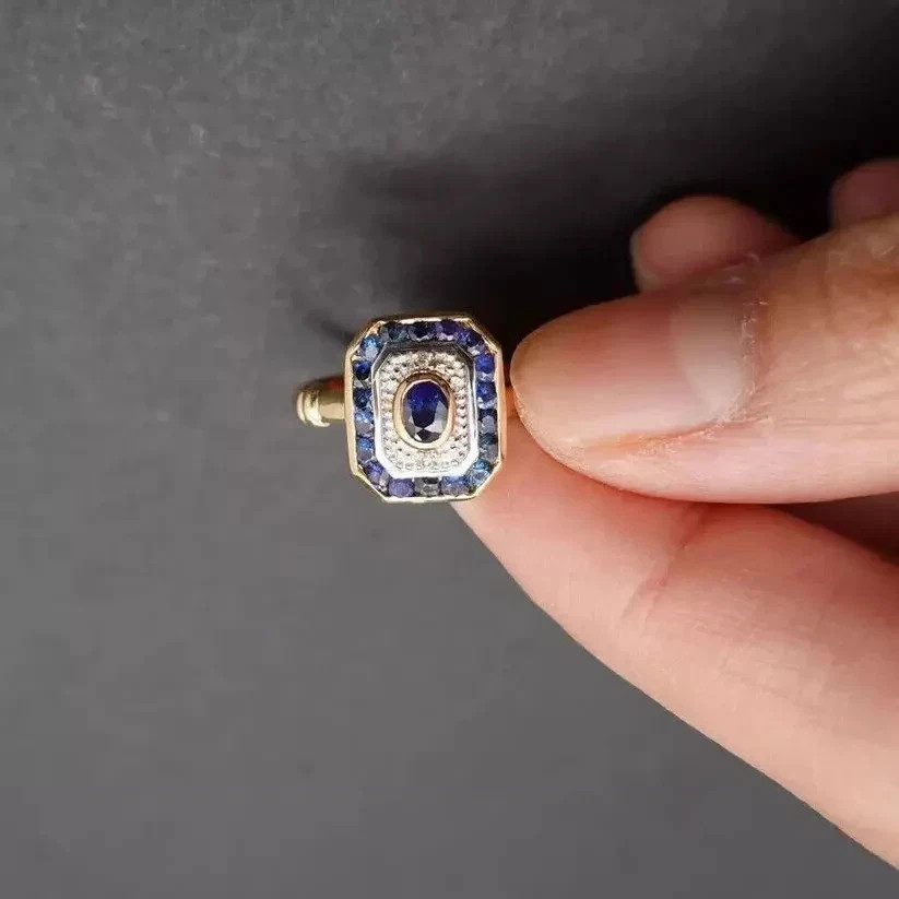 Art Deco Vintage Style Lab Created Diamond & Sapphire Wedding 14K Gold FN Ring