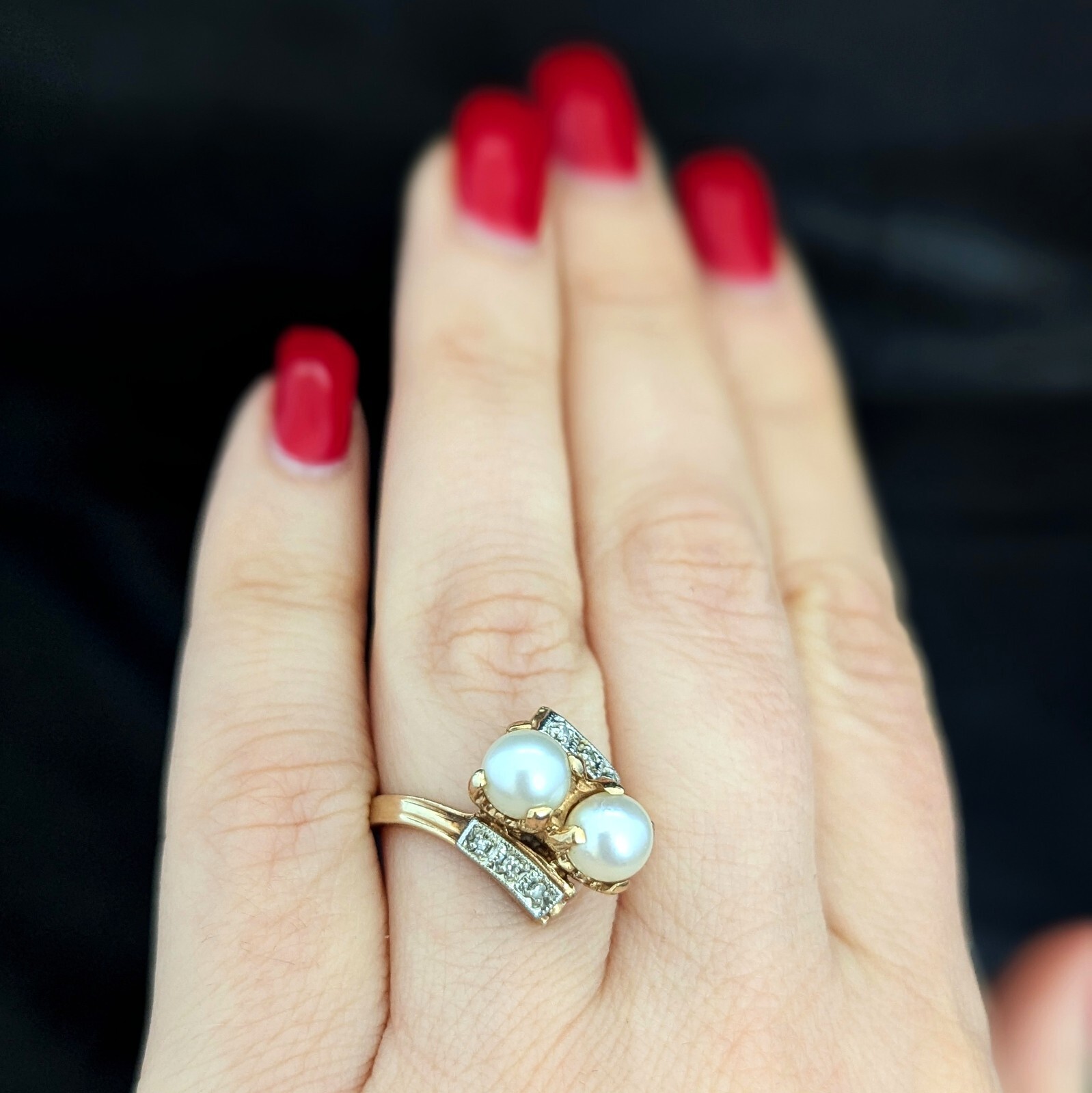Vintage Toi At Moi Ring Pearls Diamonds 10k Yellow White Gold Estate Retro Gift