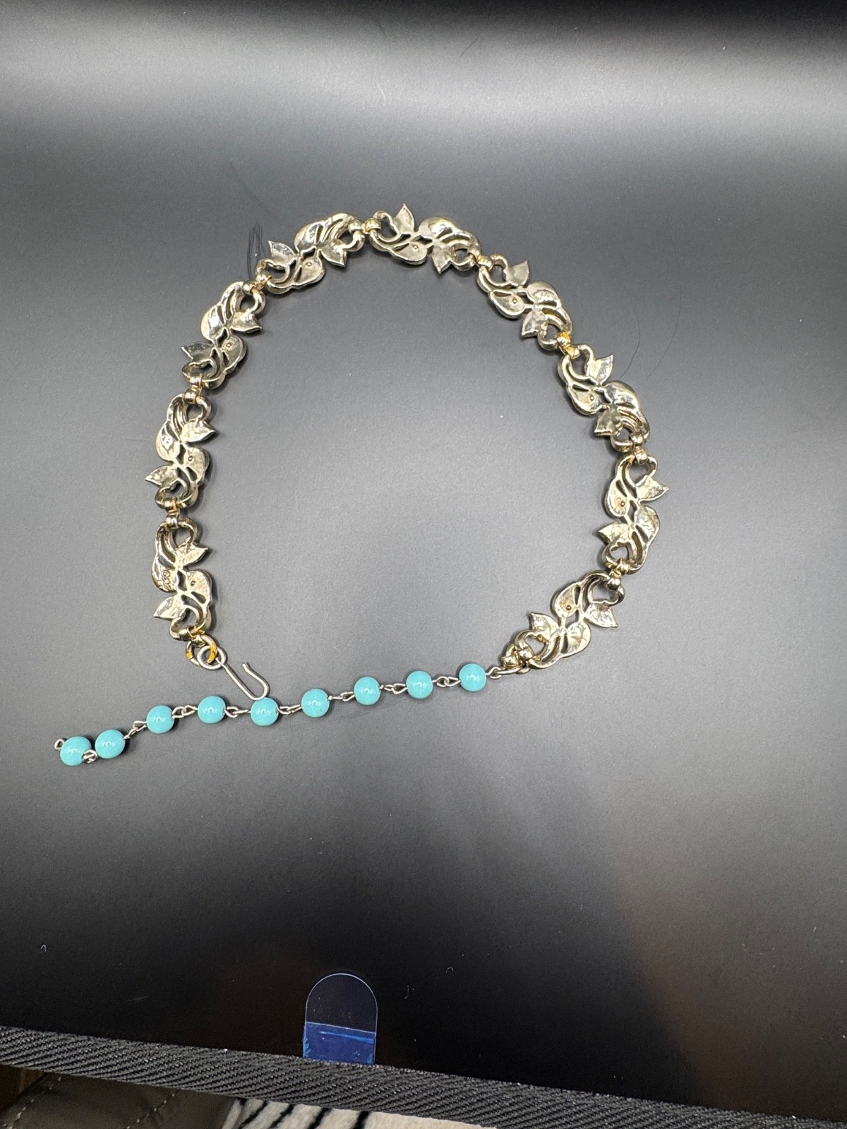 Vintage Gold Tone Blue Enamel Leaf Necklace Adjustable Bead Dangle Choker