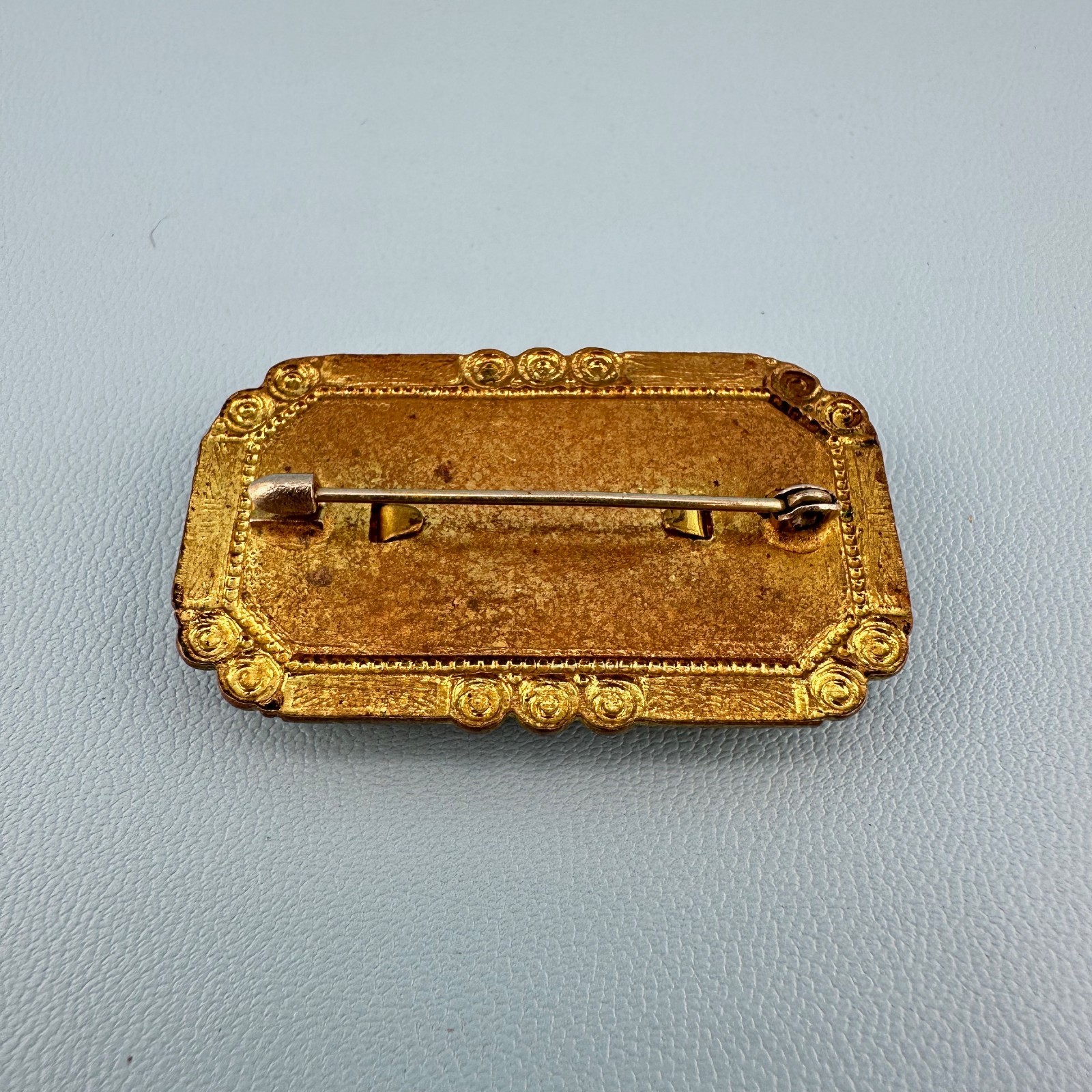 Vintage Art Deco Brooch Rectangular Red Yellow Enamel Ornate Spiral Frame