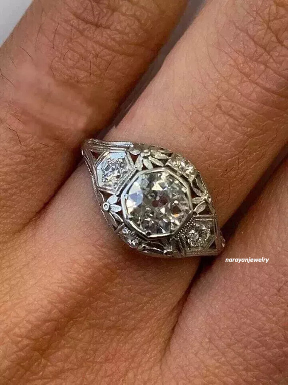 Vintage Art Deco Round Lab Created Diamond Engagement 925 Sterling Silver Ring