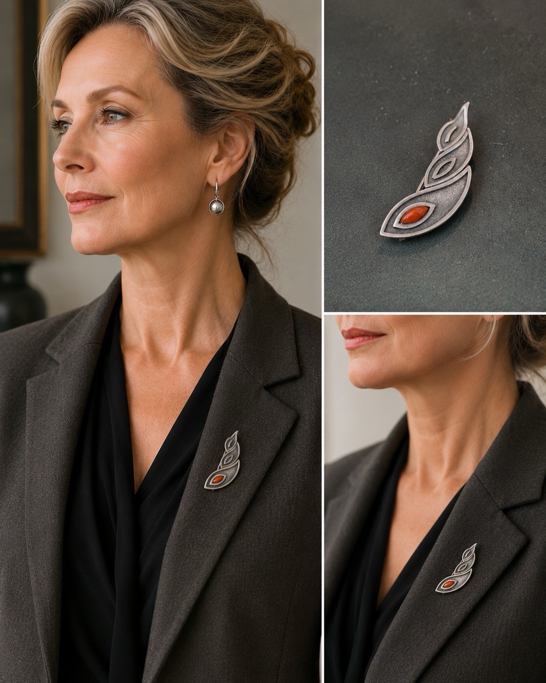 Vintage RUA Rudolph Andersen Sterling Silver Coral Denmark Brooch