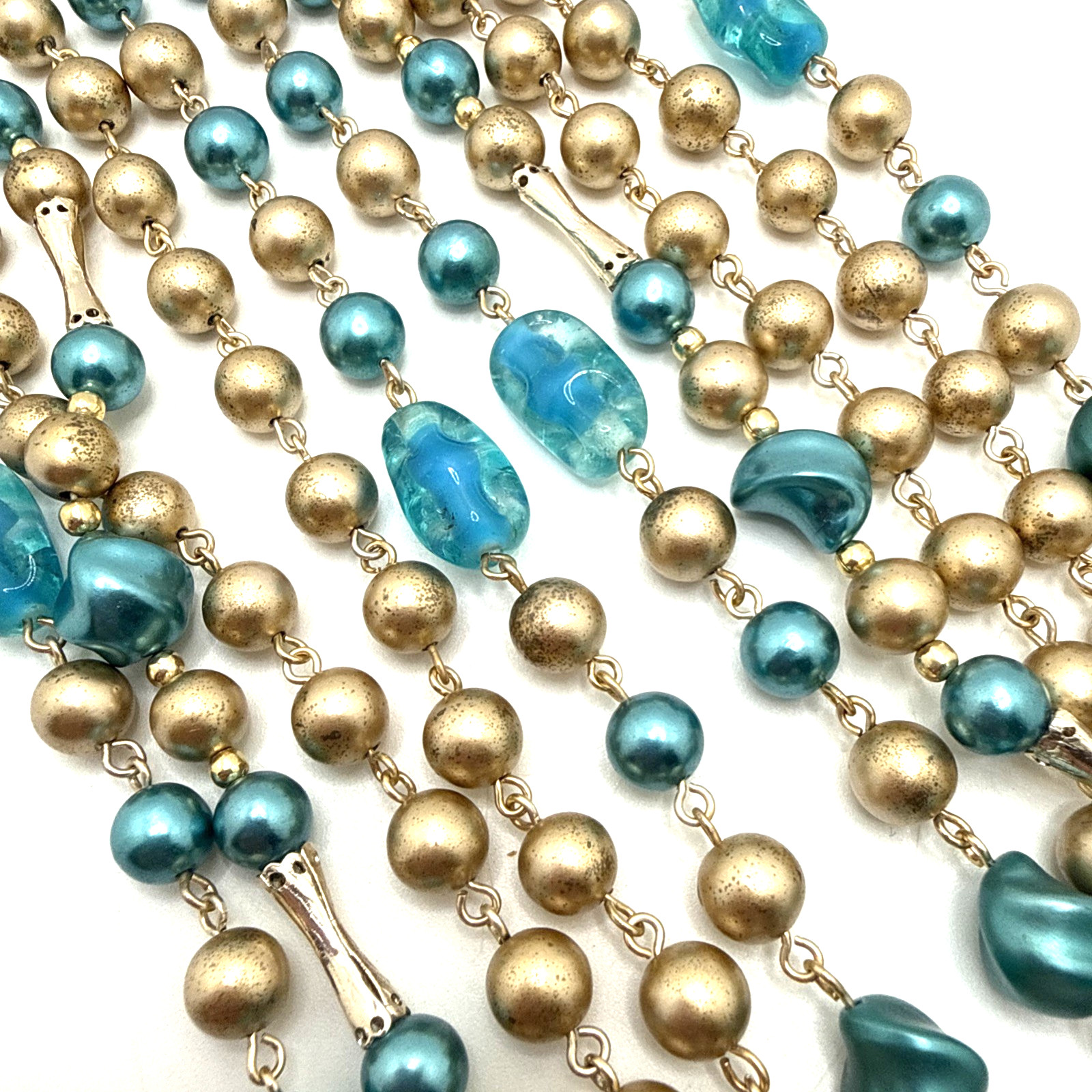 Vintage Japan Multi Strand Beaded Choker Necklace Blue Gold Mid Century 16″