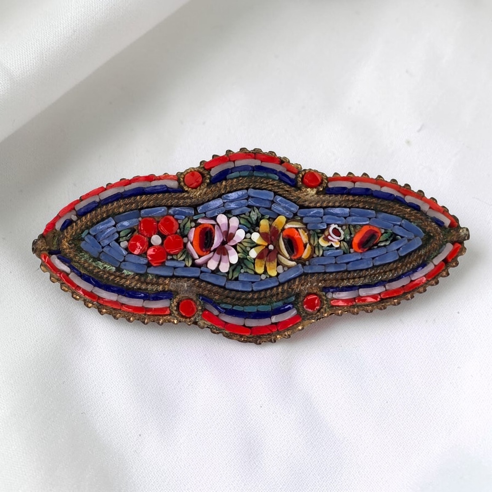 Antique Italian Victorian Floral Micromosaic Brooch Elongated Pin Unique Shape