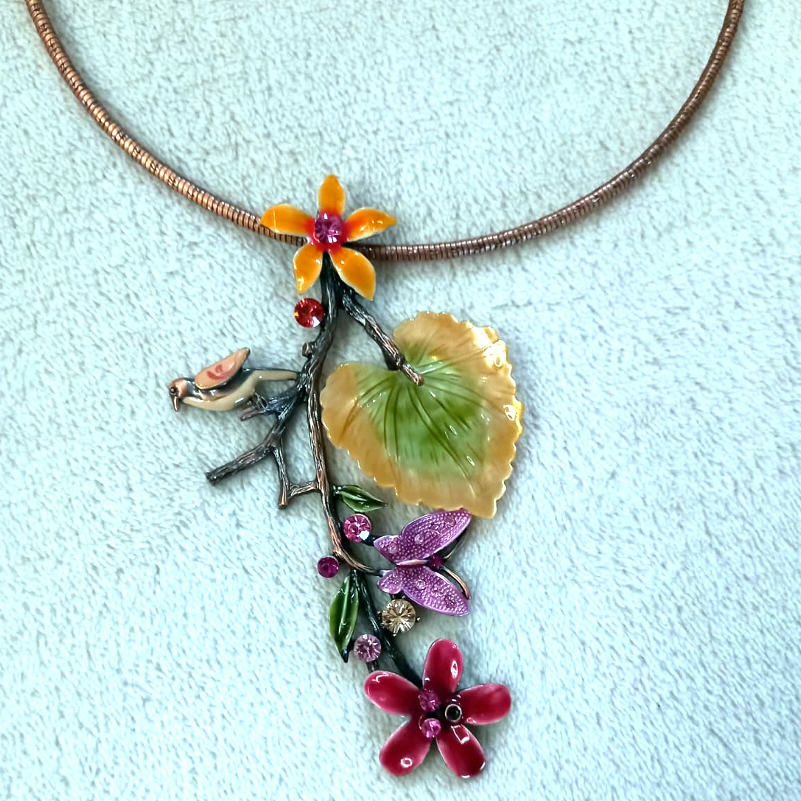 Women’s Necklace With Earring Bird on a Branch Flower on Copper Band