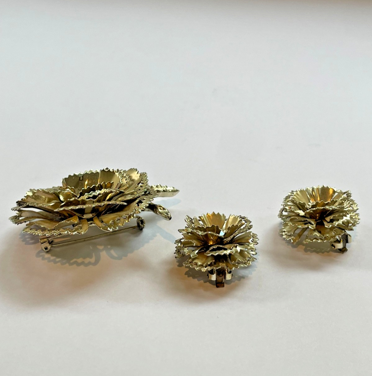 Vintage Gold Flower Brooch & Clip Earring Set | AB Rhinestone | 1950s