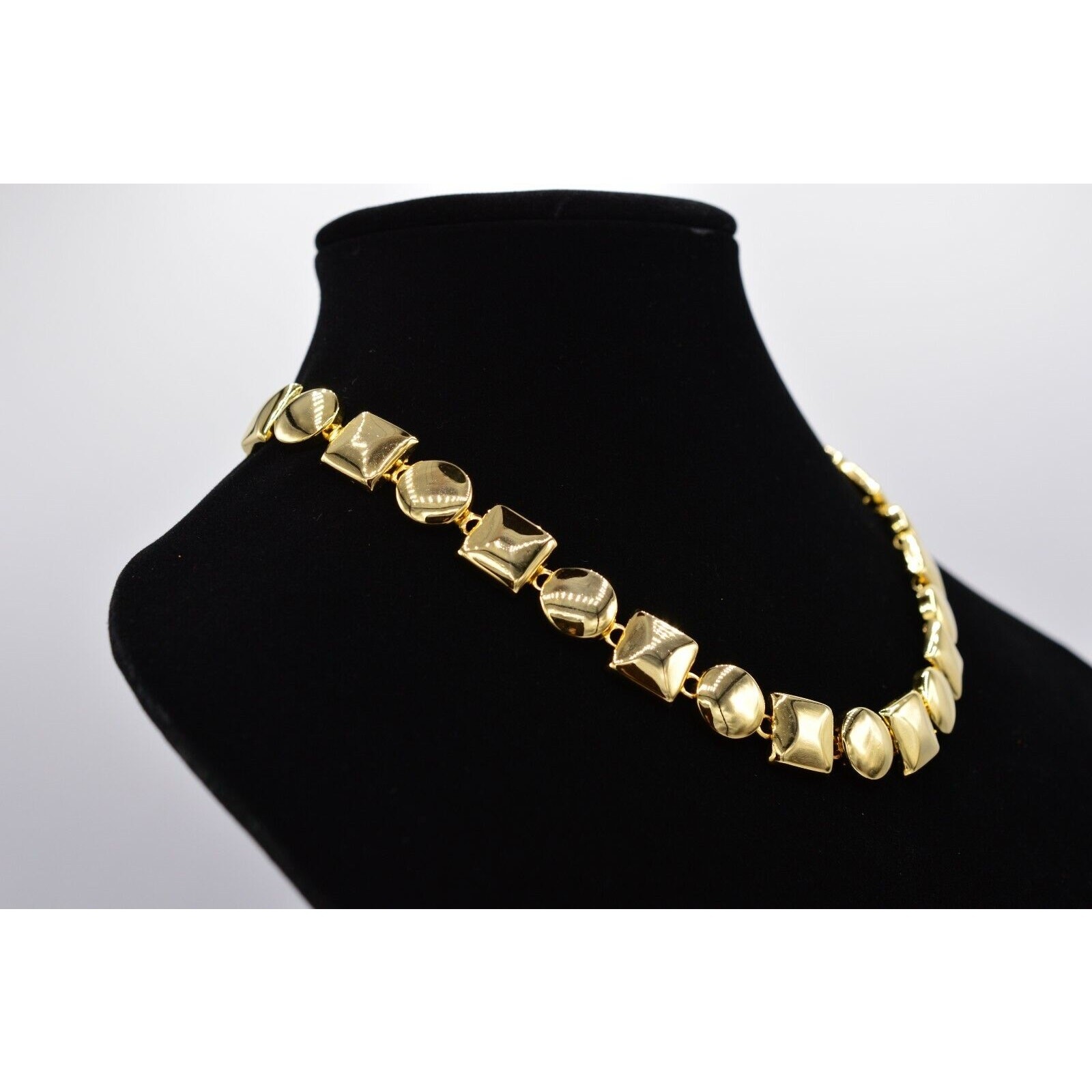 Vintage Chunky Geometric Collar Statement Necklace Shiny Gold Linked 1980s BinN