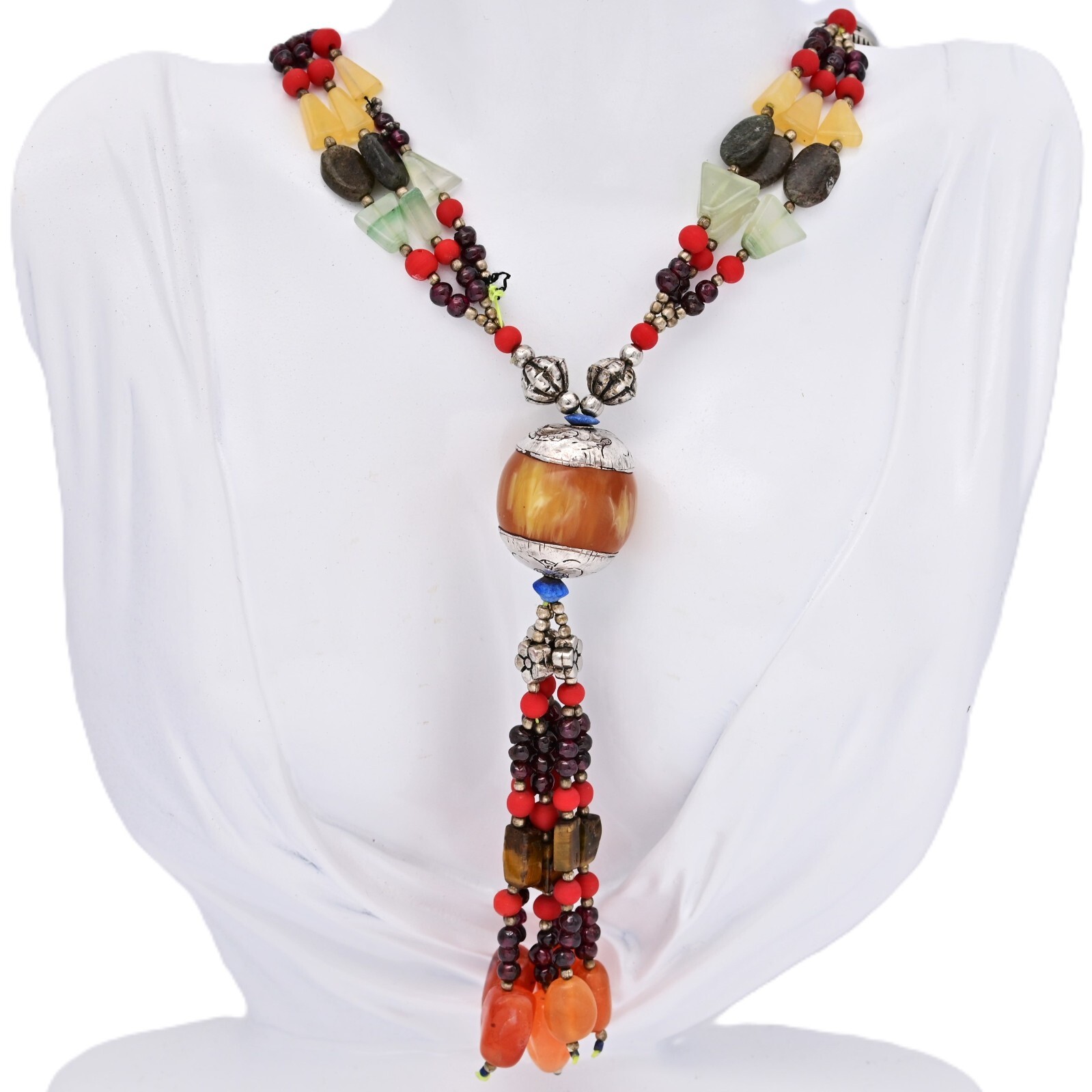 Vintage Original Sterling Silver Tribal Multi Gemstone Pendant Estate Necklace