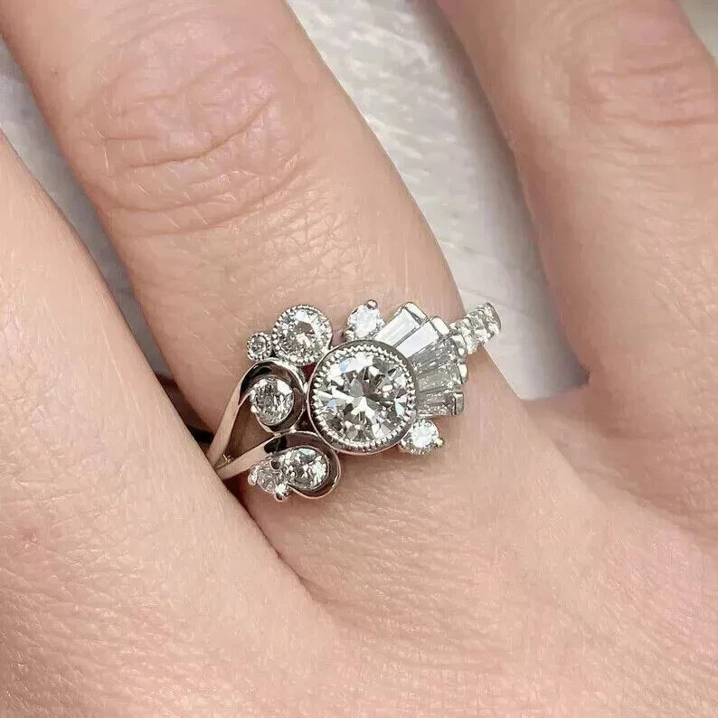 Art Deco Style Lab Created Diamond Wedding & Engagement 14K White Gold FN Ring