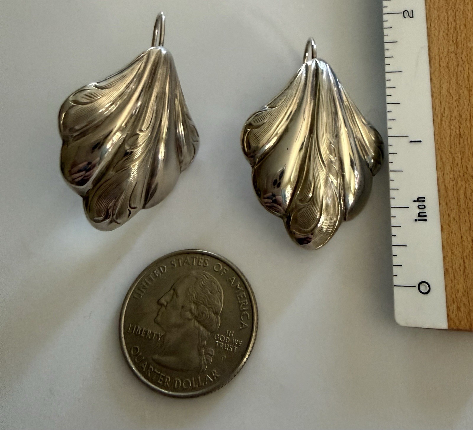 Vintage VOGT Mexico Scalloped Etched Design Sterling Silver Hook Earrings 13g