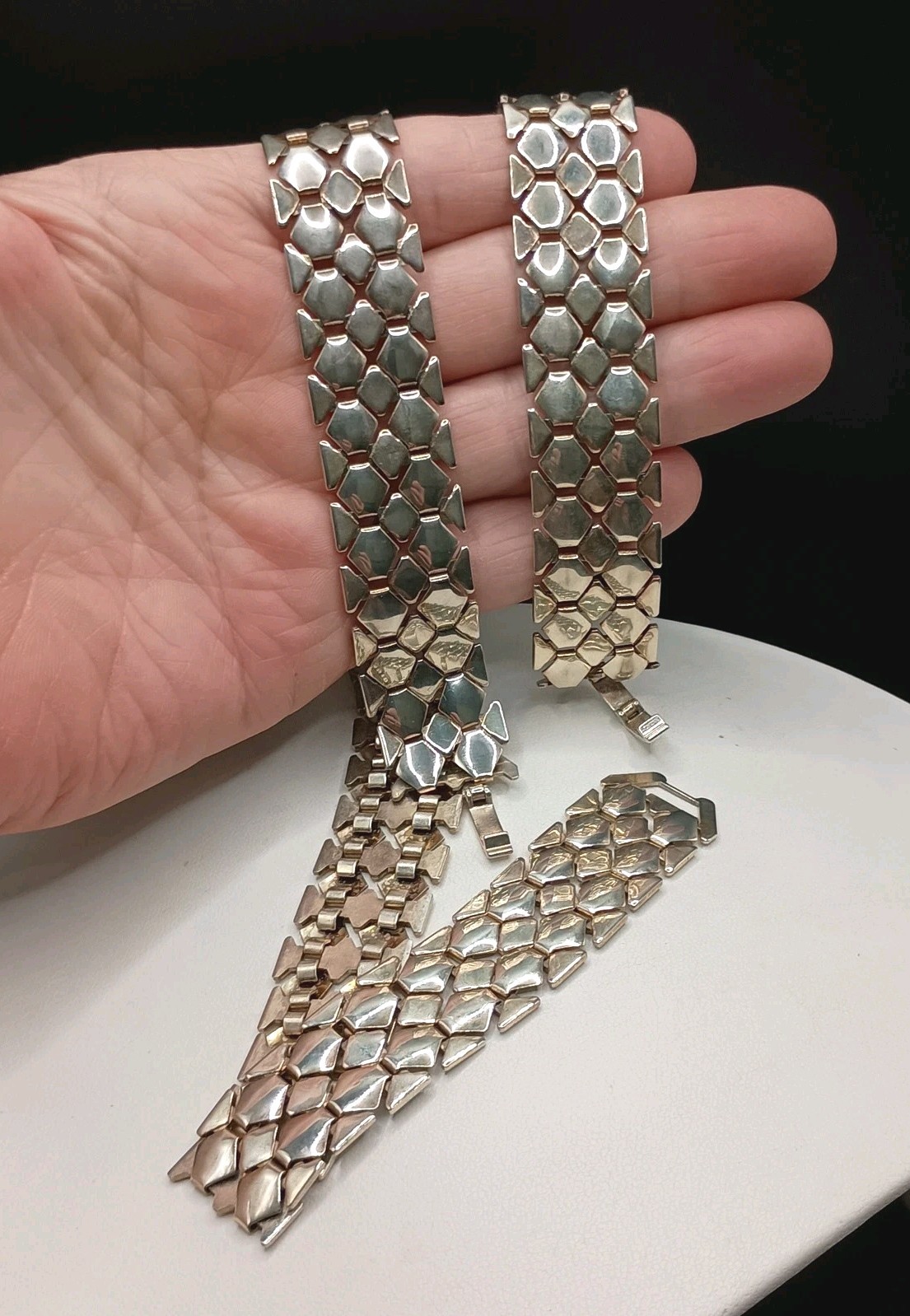 Vintage Wide Flat Mesh Link Silver Tone Choker Necklace Bracelet Set Couture