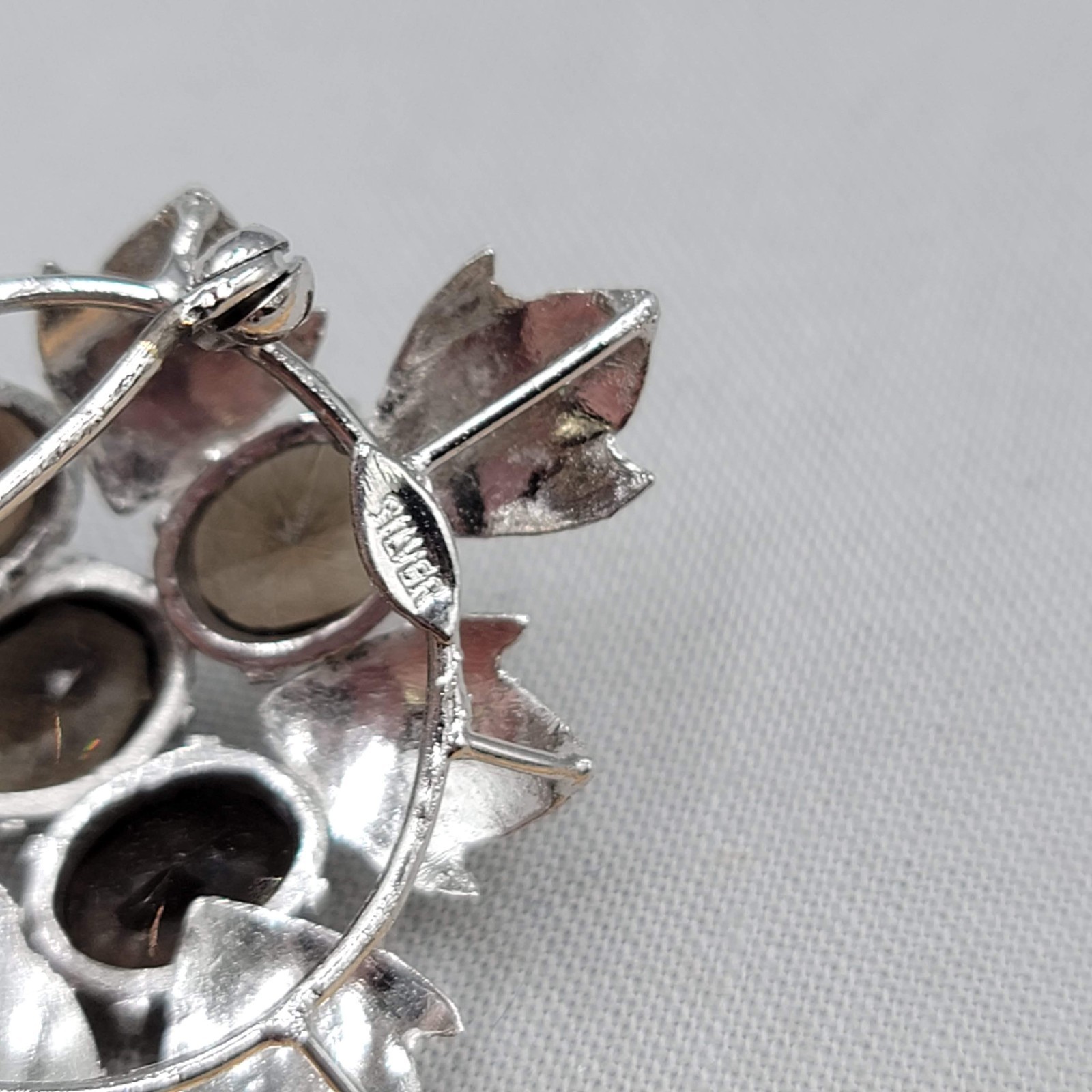 Vintage Brown Topaz Brooch Silver Leaf Pendant 1.75″