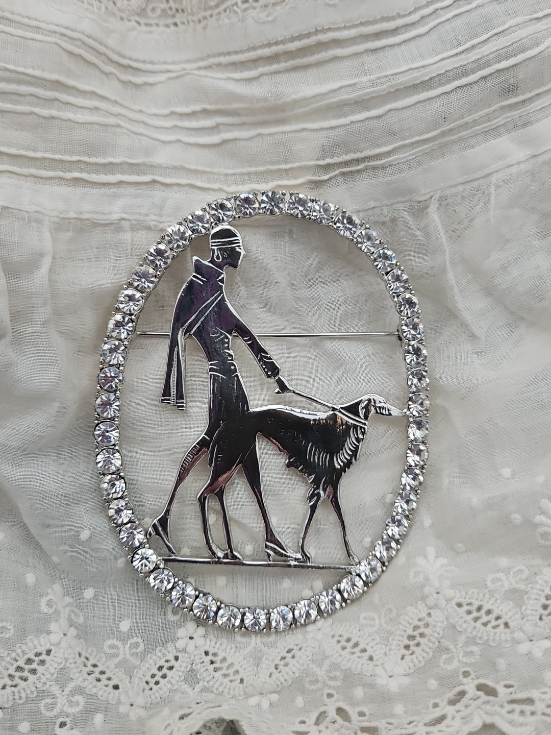 Vtg Vogue Art Deco 1920s Silver Lady Walking Borzoi Dog Brooch Pin Rhinestone
