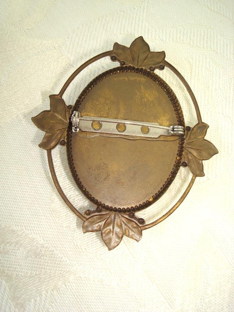 Vintage Nouveau Revival High Relief Teal Cream Cameo Lady Flowers Brooch KJ