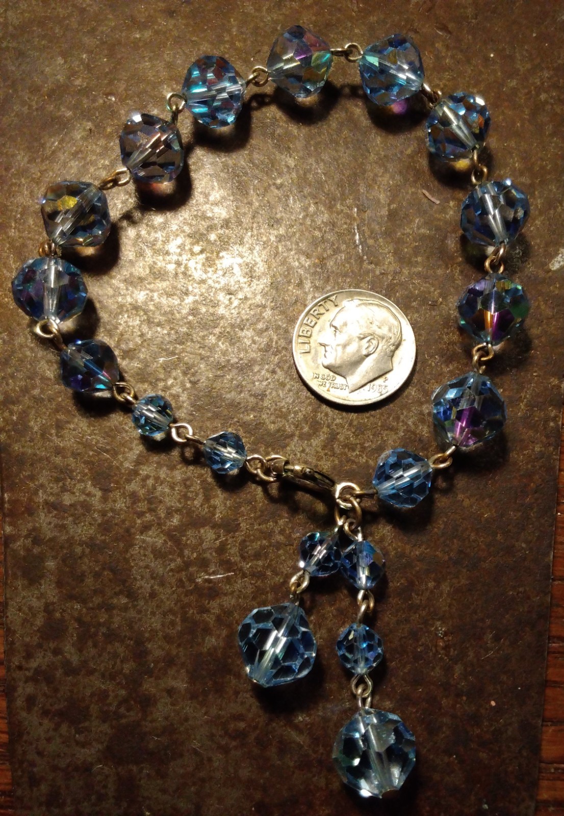 AURORA BOREALIS BLUE Heavy Link CRYSTAL BEAD 8″ BRACELET DANGLES Czech Glass VTG