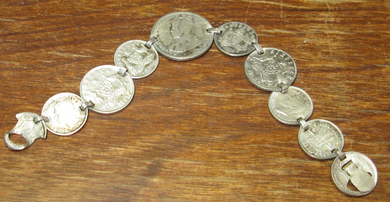 Vintage Sterling Silver 1916-1940s Australian Coin Bracelet, 10 Coins