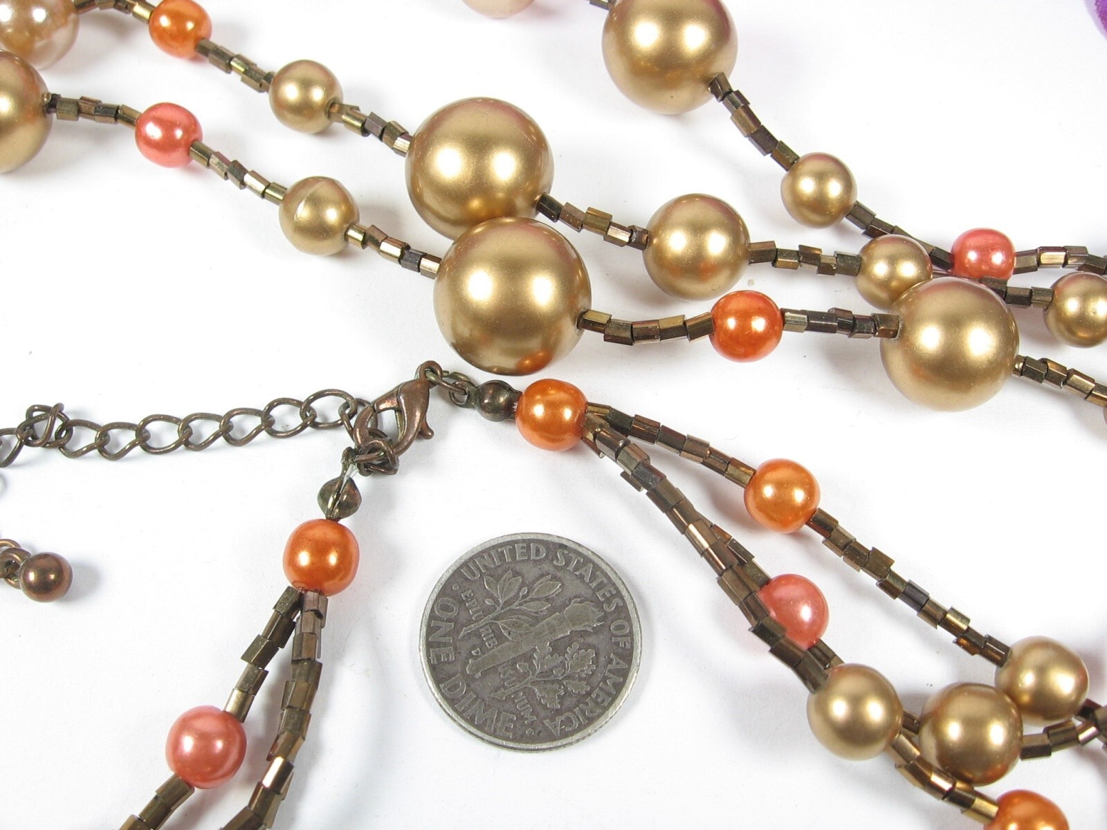 Triple Strand BRIGHT GOLDEN, BROWN, ORANGE Beads Necklace Vintage Beaded 20″