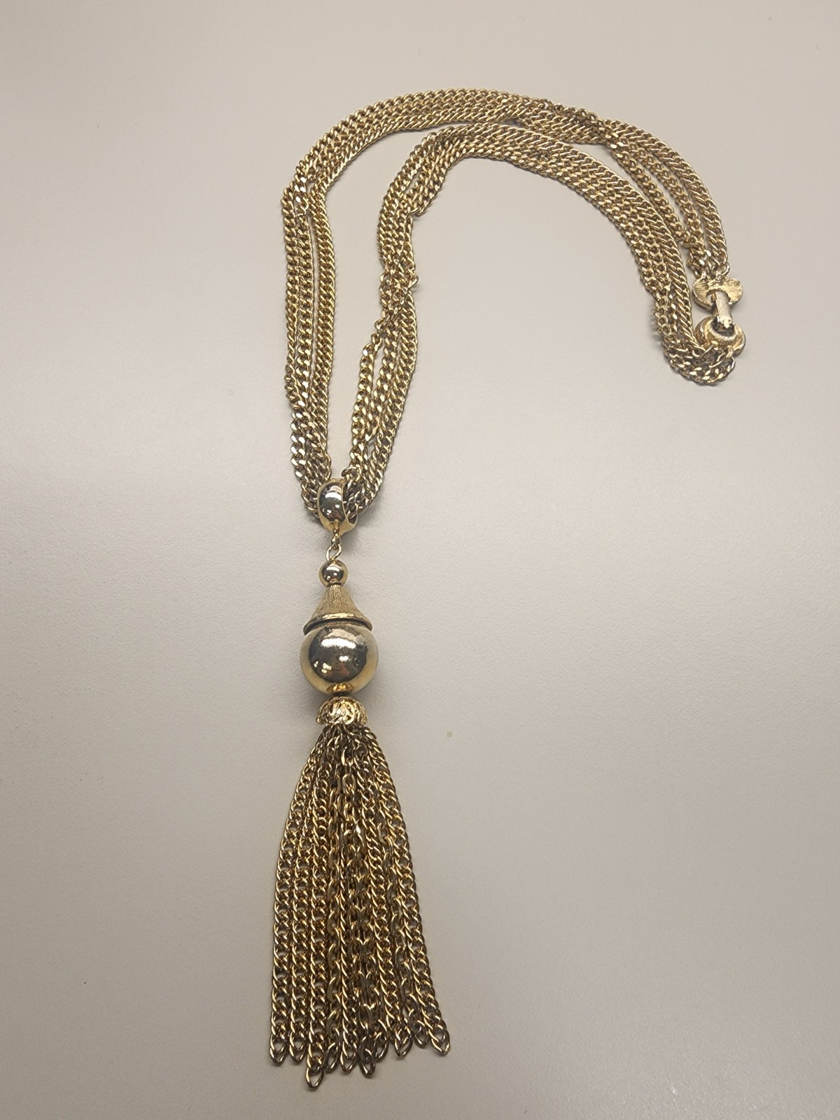 Vintage Gold Tone Chunky Statement Multi Strand Chain Necklace W/ Tassle