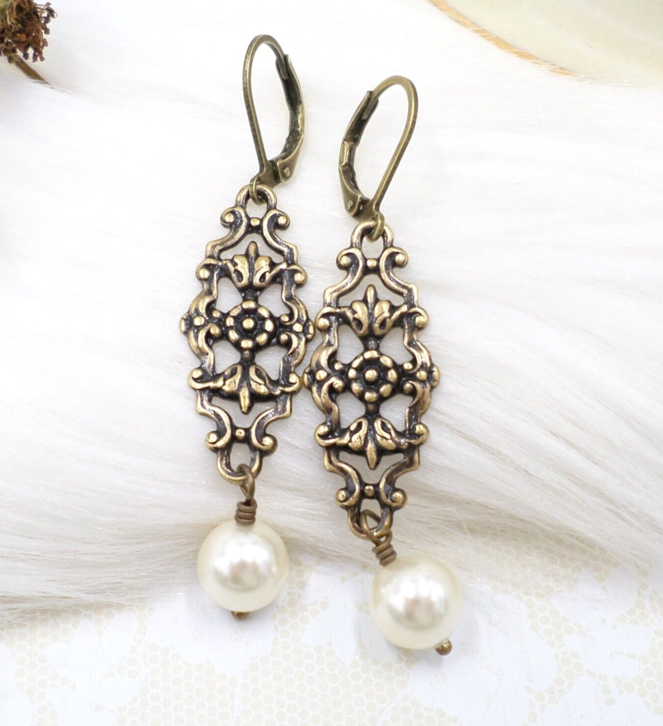 Cream Pearl Earrings, Art Nouveau Brass Filigree Handmade Reproduction Jewelry