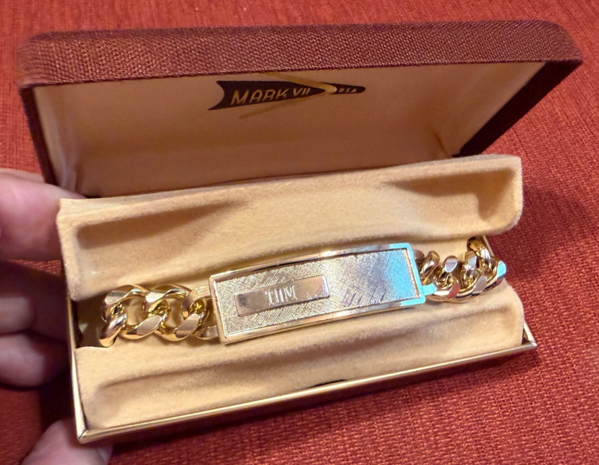 Vintage Mark VII GOLDTONE 8.5″ ID Bracelet Made in USA Identity Engraved TOM