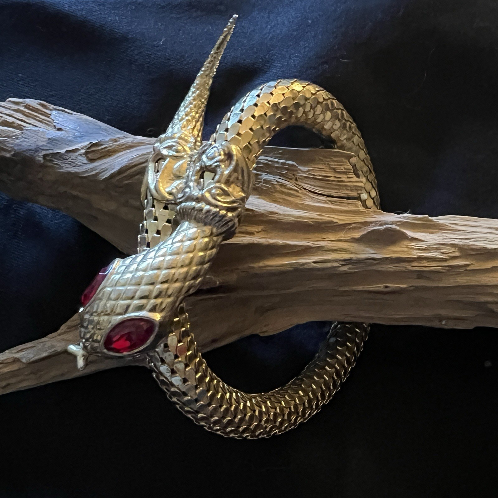 True Vintage DL Auld Serpent Snake Mesh Bracelet Gold Wrap Coil Red Crystal Eyes