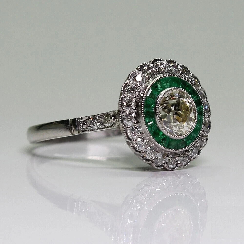 Art Deco Style Lab Created Diamond & Emerald Wadding 14K White Gold Finish Ring