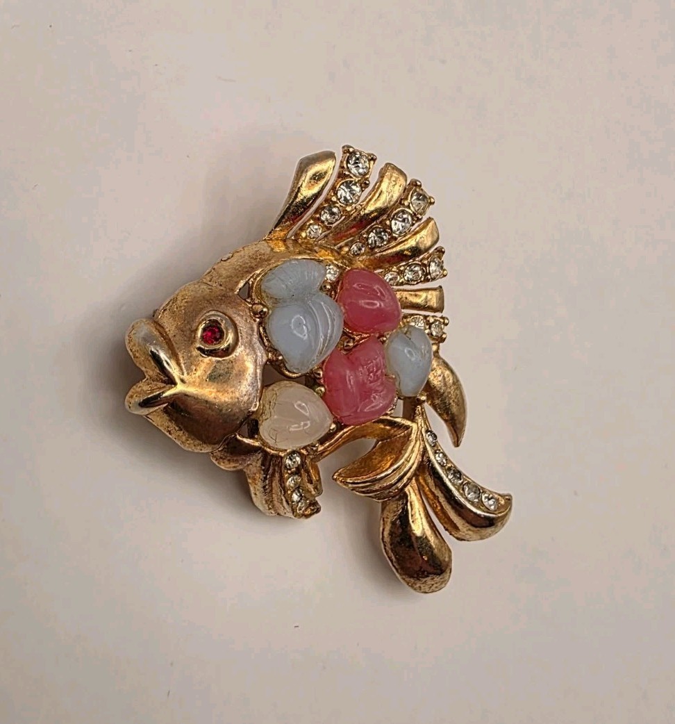 Vintage Pink, White, Blue Pressed Glass W/Crystals Tutti Frutti Fish Brooch