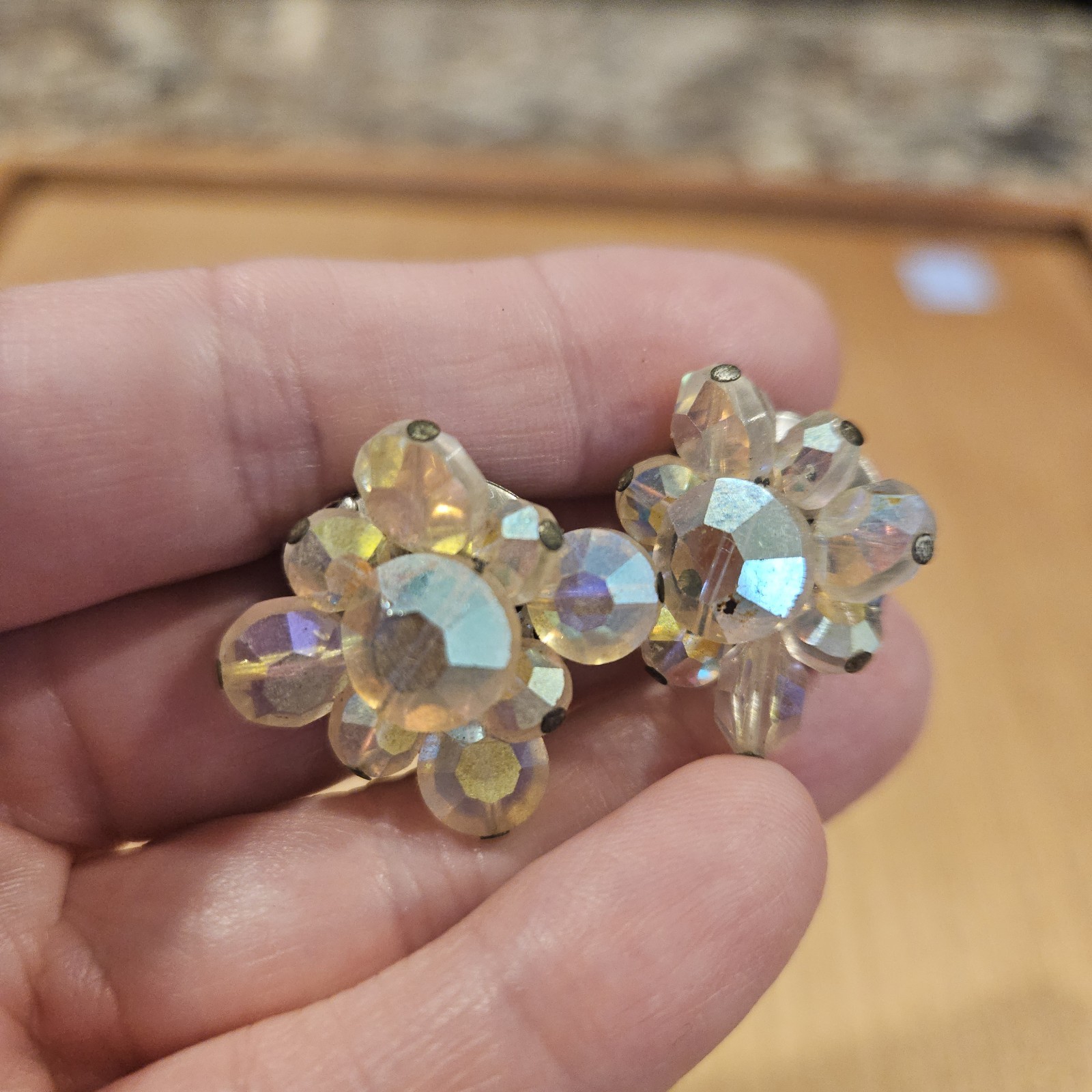 Vintage AB Crystal Flower Cluster Clip Earrings Heavy Glass Aurora Borealis