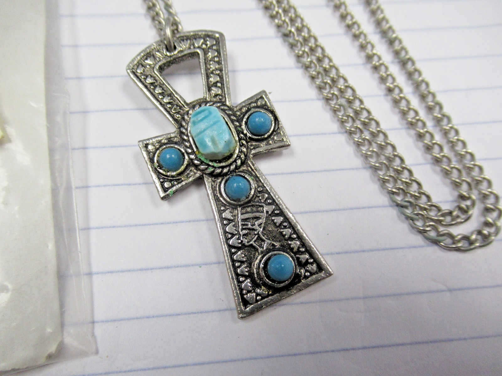 Vintage Made Egypt Egyptian Ankh Faience Scarab Costume Jewelry Pendant Necklace