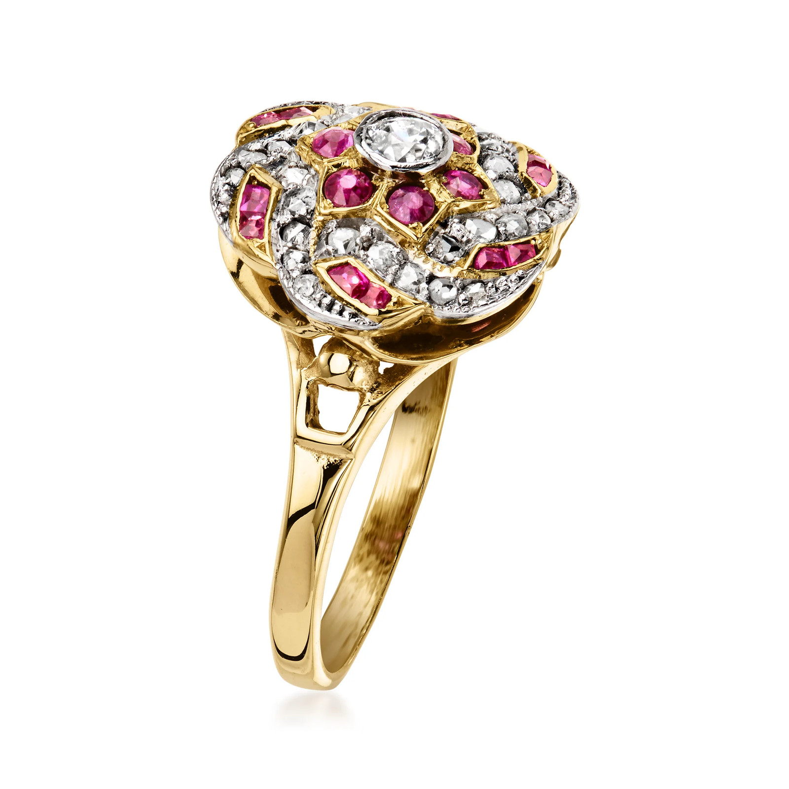 Vint Ruby & Diamond Floral Rng in 14k Gold Size 6