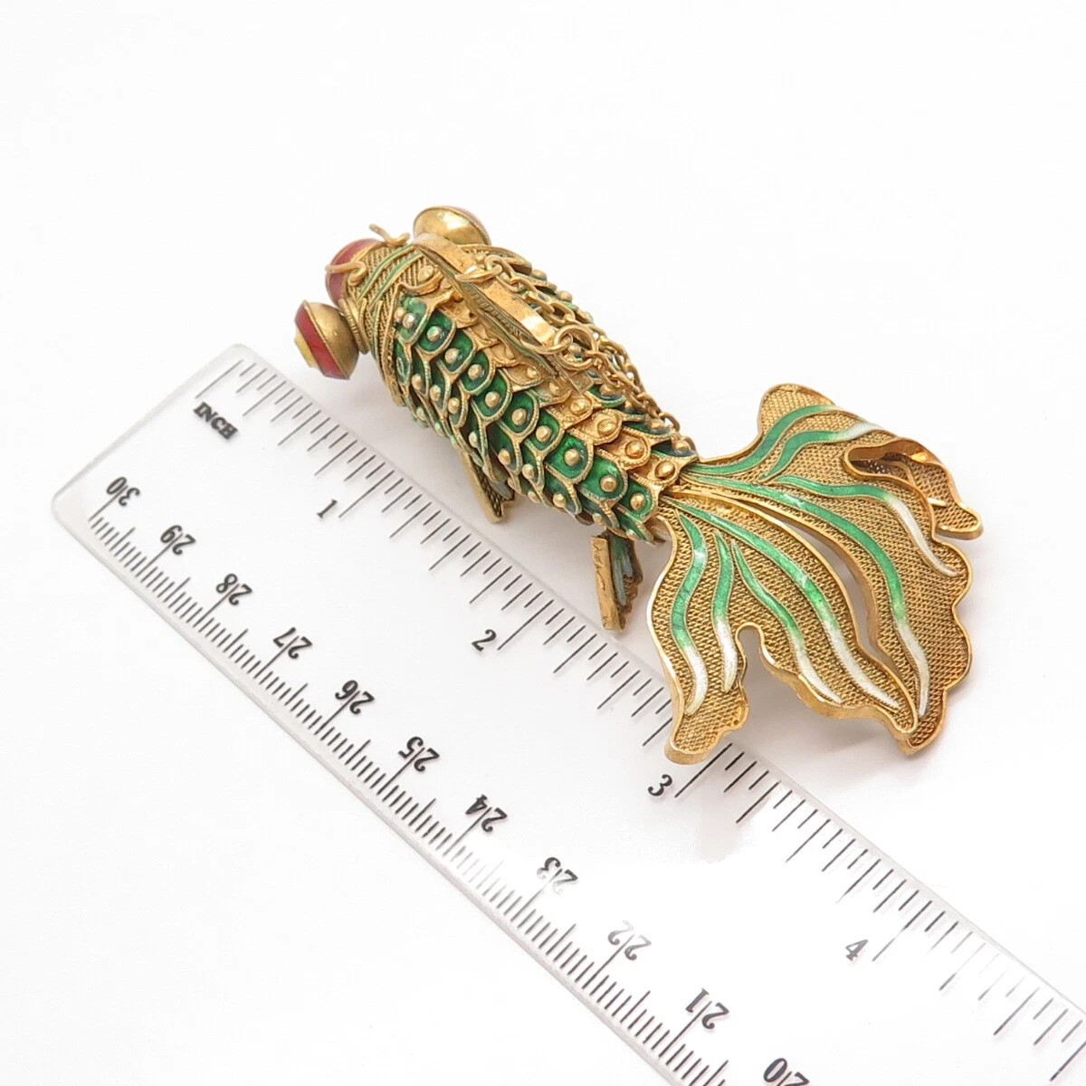 925 Sterling Silver Gold Plated Enamel Antique Chinese Koi Fish Chatelaine Fob