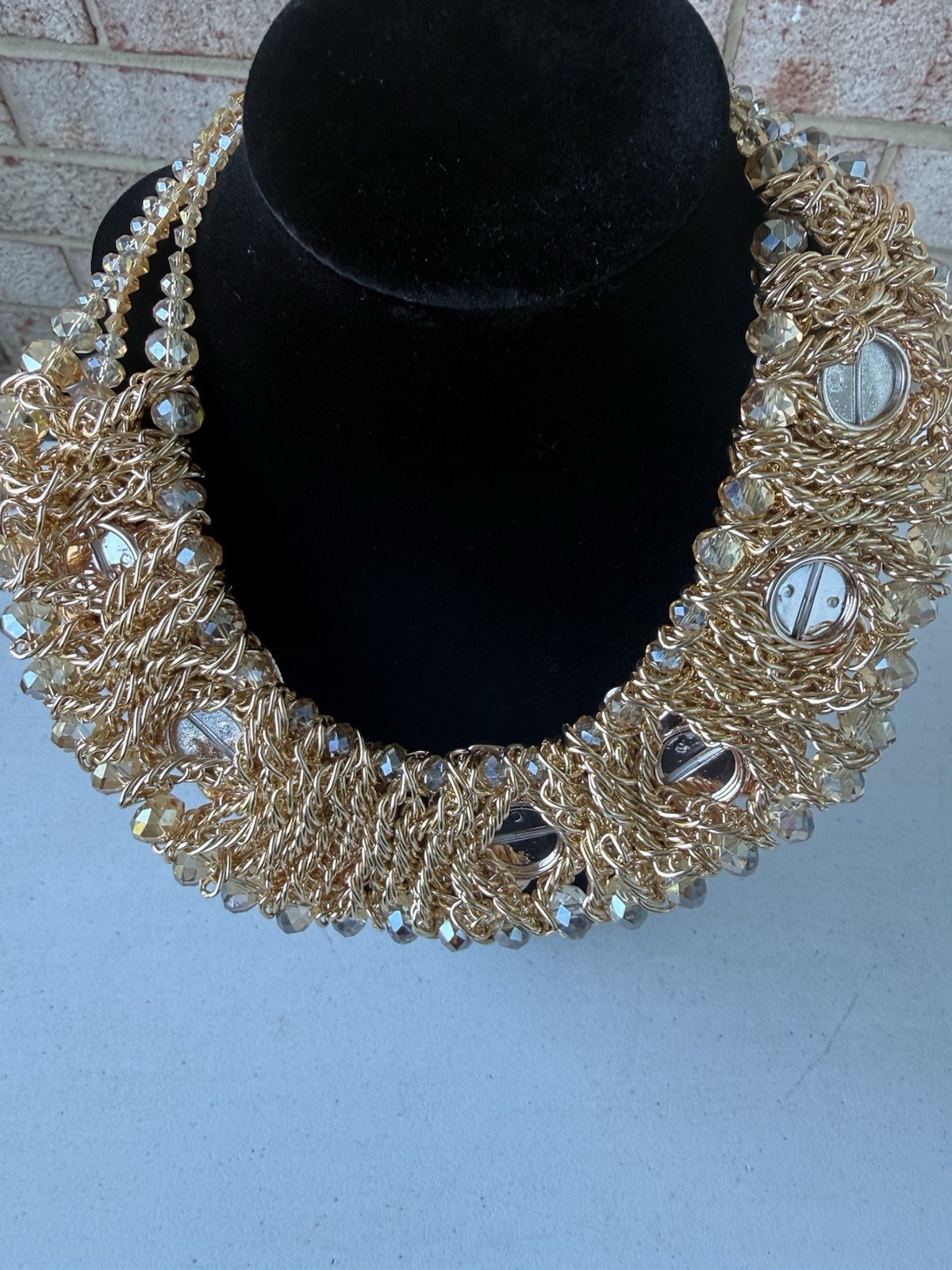 Vintage Gold Tone Statement Bib Necklace Crystal Bead Pearl Flower Chain 18”