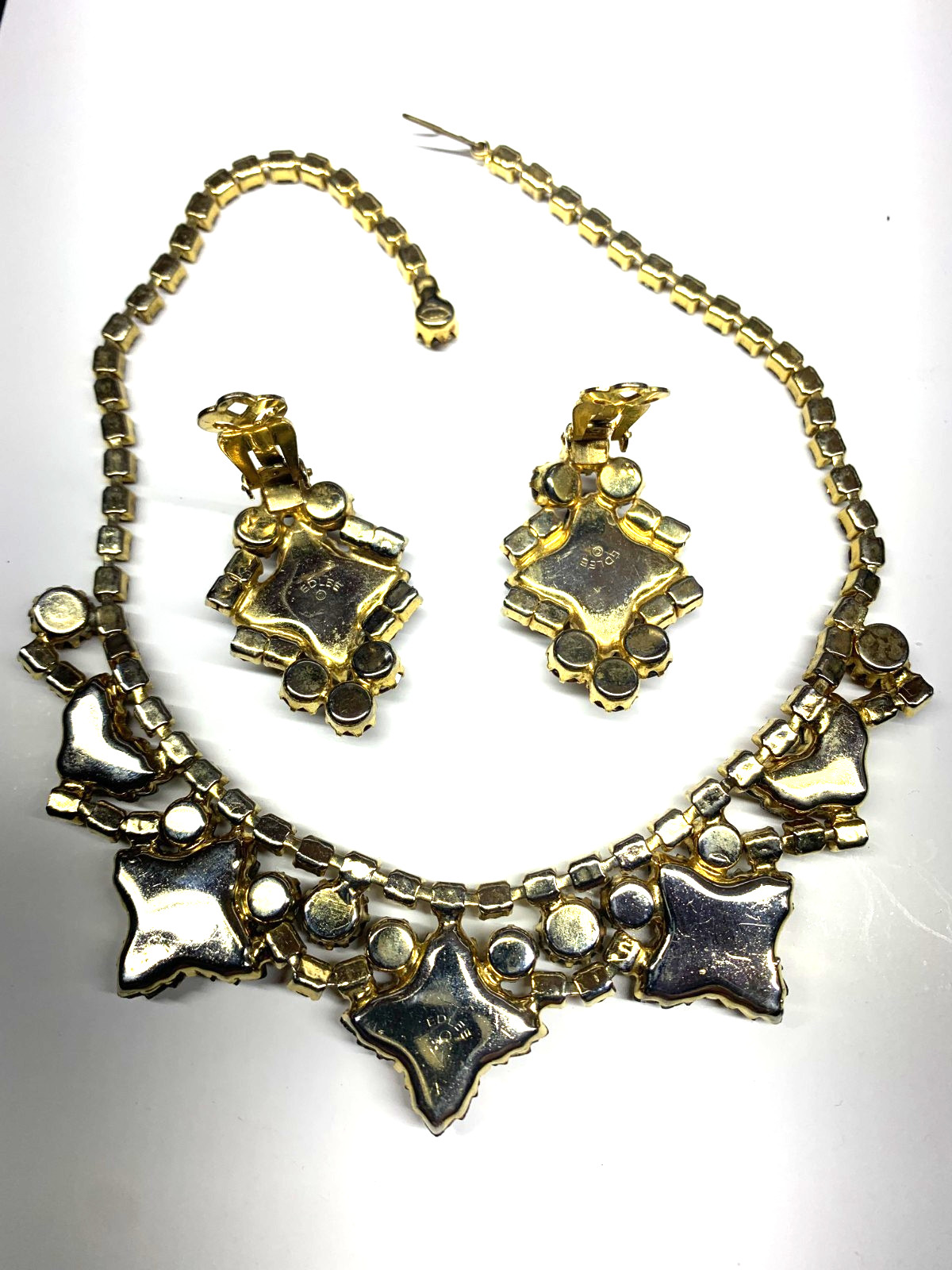 Signed Vintage Antique EDLEE DEMI PARURE brown floral Molded Glass Rhinestones