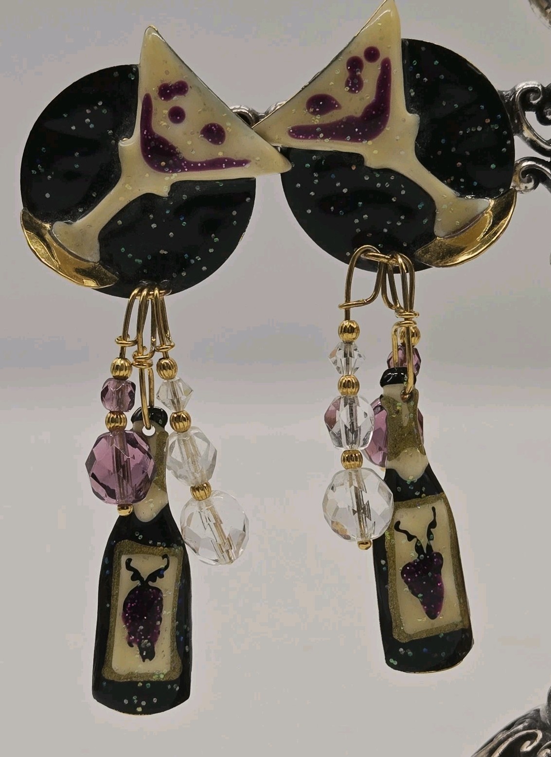 Lunch at The Ritz Champagne Brunch Pierced Earrings Hand Signed Rare Vintage