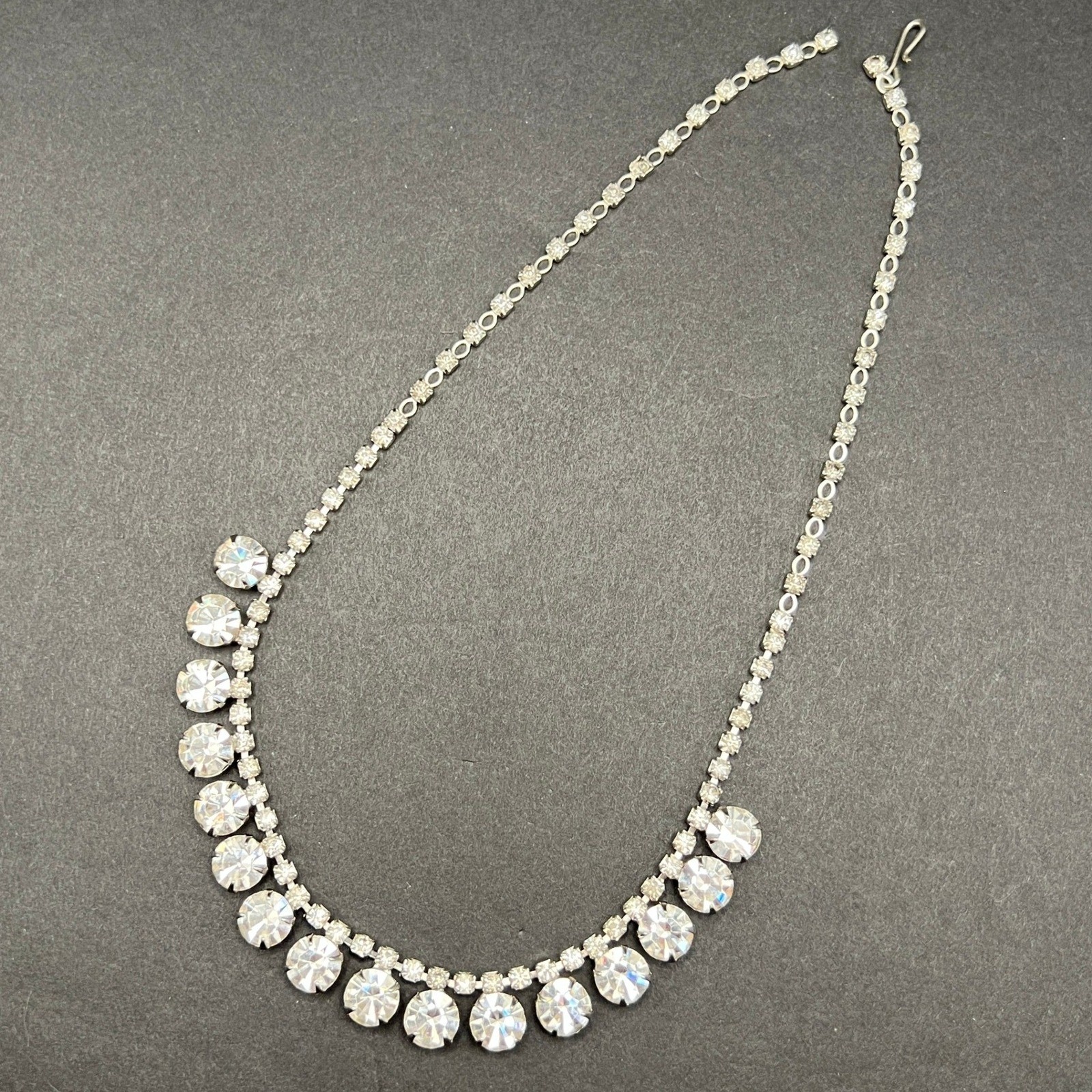 Vintage Rhinestone Necklace Choker Silver Tone Clear 16″ READ