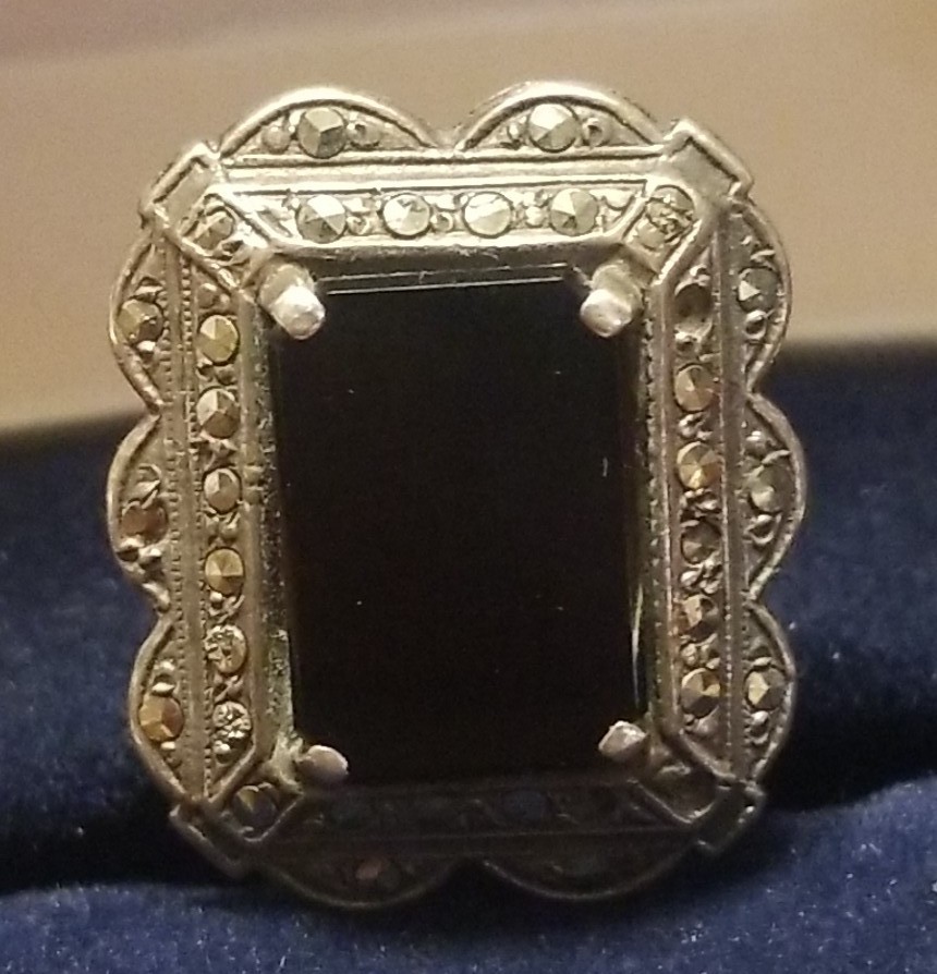 Antique Victorian Mourning Ring, Size 3, Black Onyx Marcasite And Silver