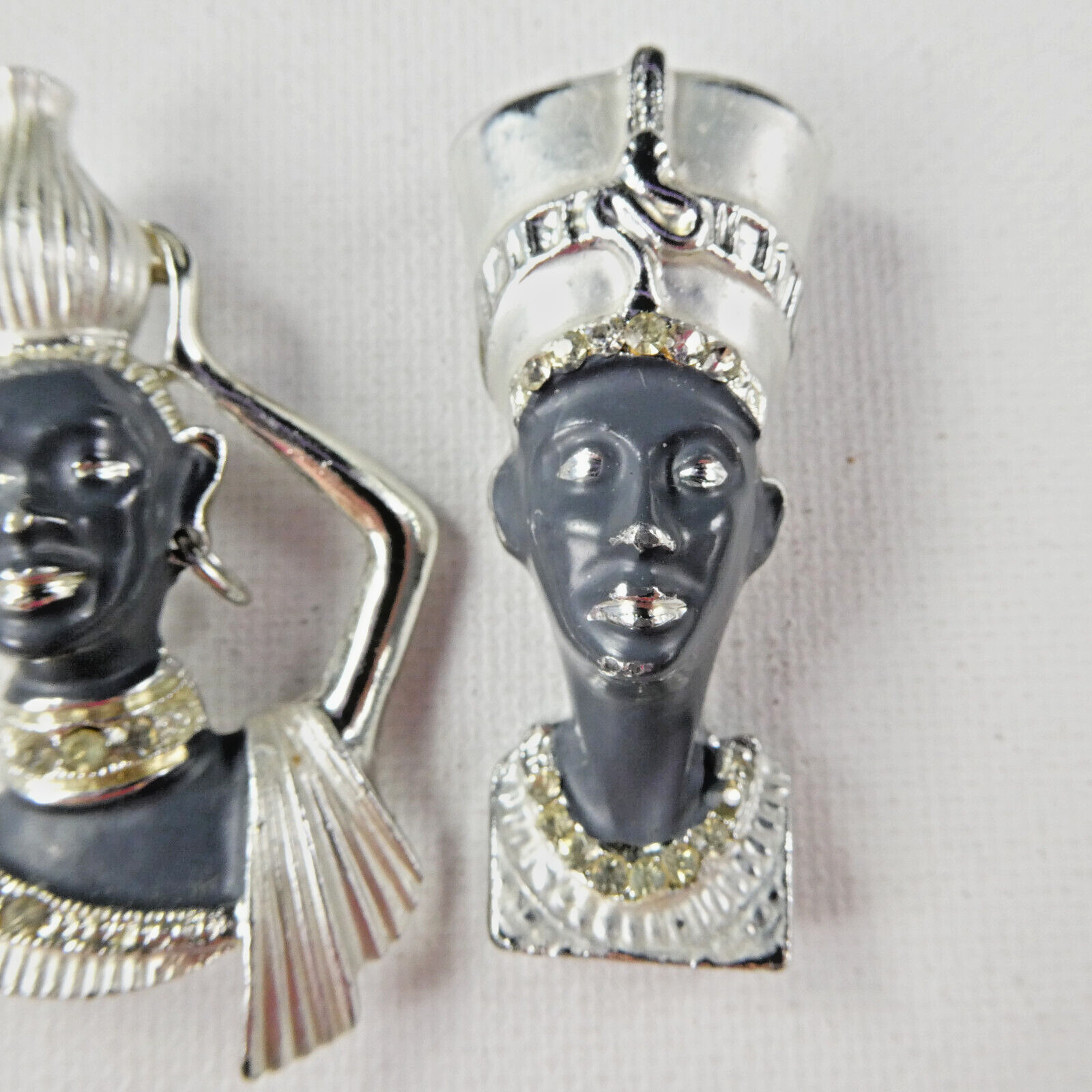 Vintage African Ethnic Pair Pin Brooch Set of 2 Gray Enamel Faces Crystal