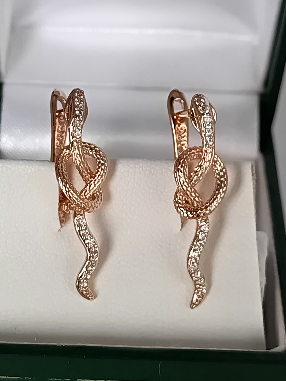 Vintage 1990-s 14 Ct Rolled Gold Zircons Snake Earrings-Hallmarked 585 RG