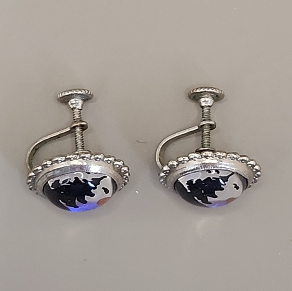 Vintage Blue Morph Butterfly Earrings Screw Back Silver Tone Painted Tree 16mm